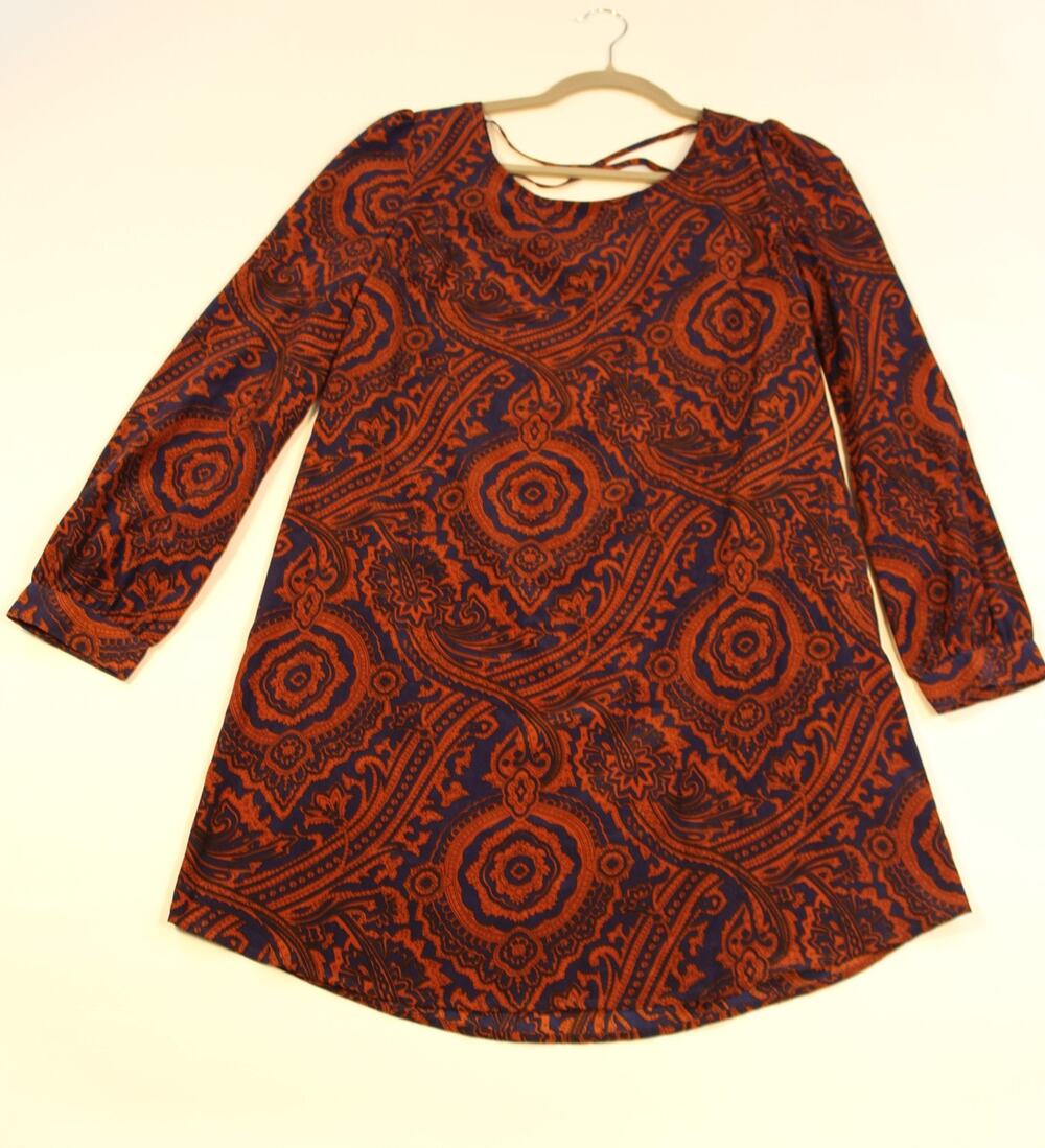 blu pepper Womens Med Navy Rust Paisley Print Shift Dress Crisscross Back